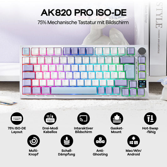 AJAZZ AK820 PRO mekaniskt tangentbord – tysk ISO-DE, RGB och TFT-skärm