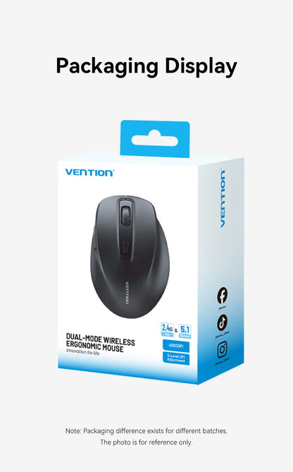 Vention Ergonomic Wireless Mouse Bluetooth 5.1 Dual-Mode USB 2.4G Mouse 4000 DPI 6 Buttons Mouse for PC MacBook Pro Tablet Mice
