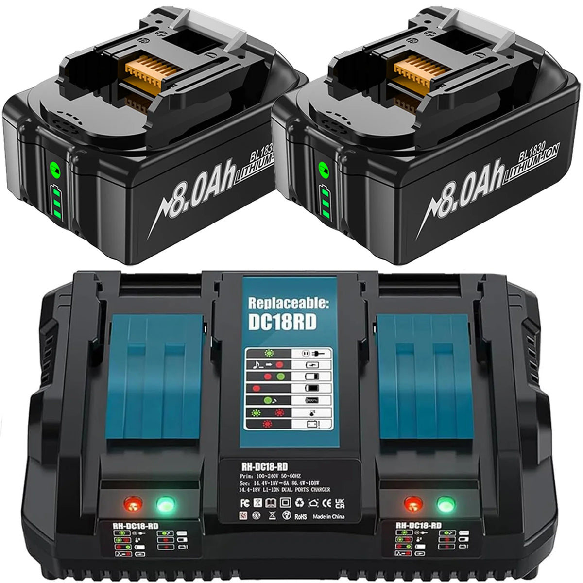 Ersättningsbatteri 18V 8000mAh för Makita BL1830 med laddare