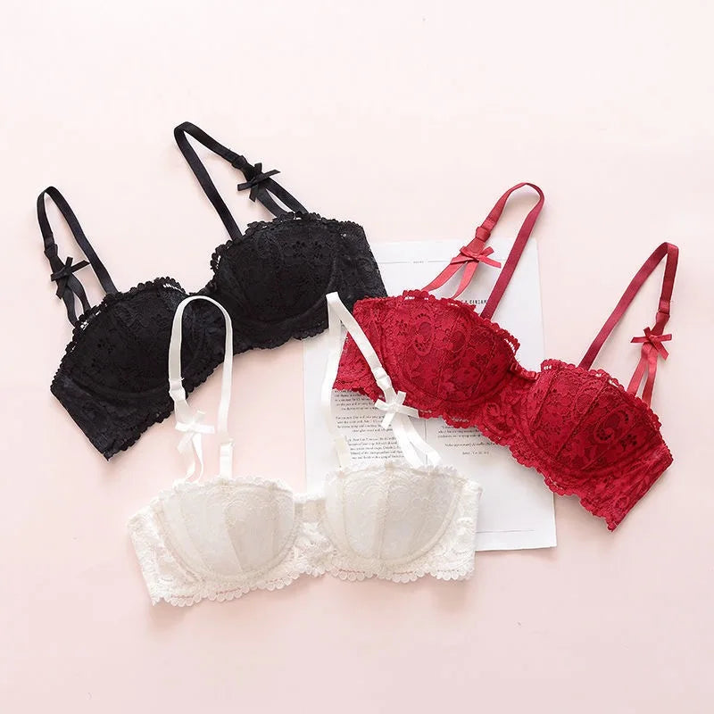 KUCLUT Jacquard lace big bow half-cup bra set, thin cotton cup breathable new small-bust push-up bra
