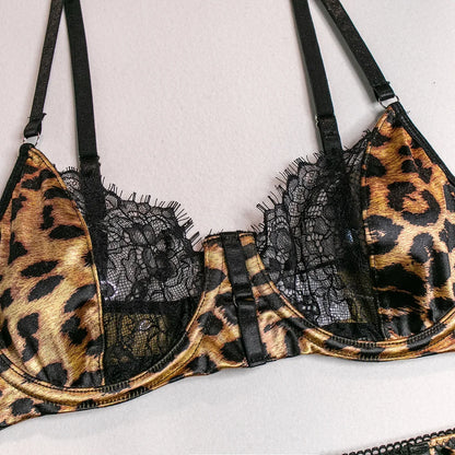 Leopardspets Lingerieset 3-delat – Sexigt, Romantiskt, BH & Trosa, S–L