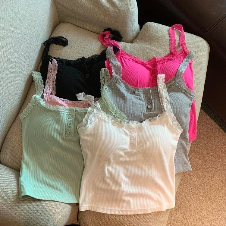 Dam Coquette Y2K Spets Crop Top – Ärmlös Koreansk Stil Sommar Linne Sexig Kawaii, 10 Färger One Size