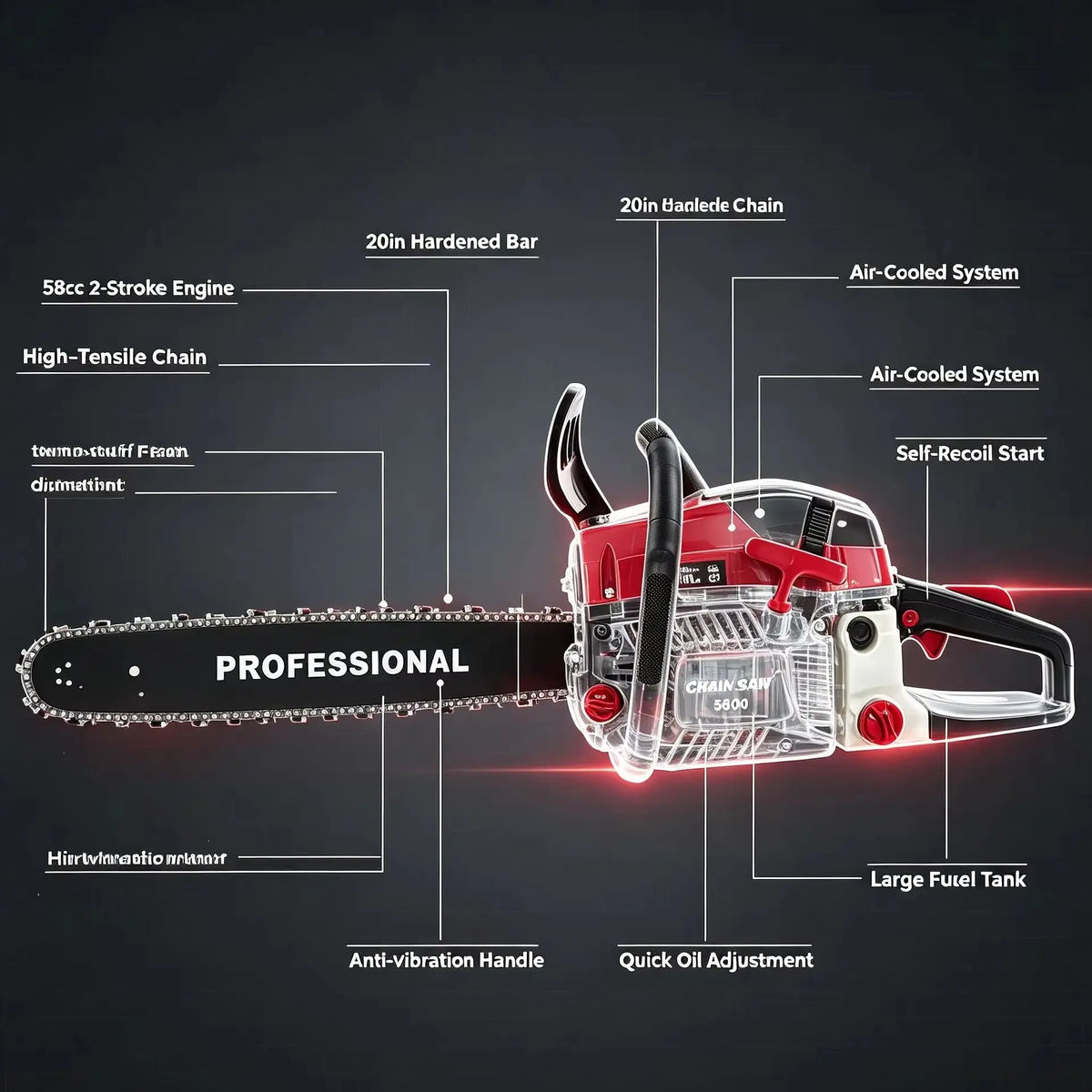 2-Stroke Gas Chainsaw 20 Inch Guide Bar 10000RPM  Dual Safety Switch Low Fuel  Anti-Vibration Handle For Logging Garden Tree Cutting