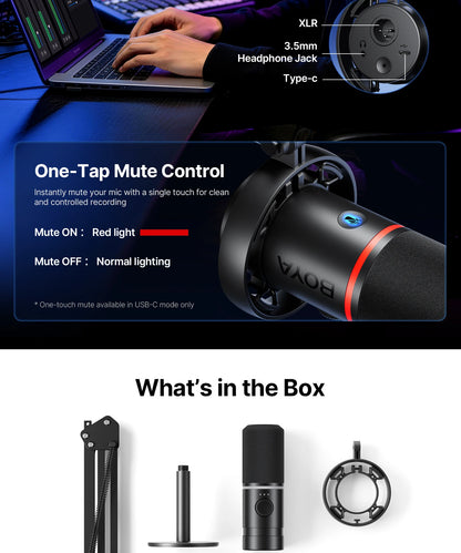 BOYA CastMic S60 USB/XLR Dynamic Microphone with RGB for Gaming, Streaming, Podcasts Studio Grade 4 in 1 Support Phone PC Laptop
