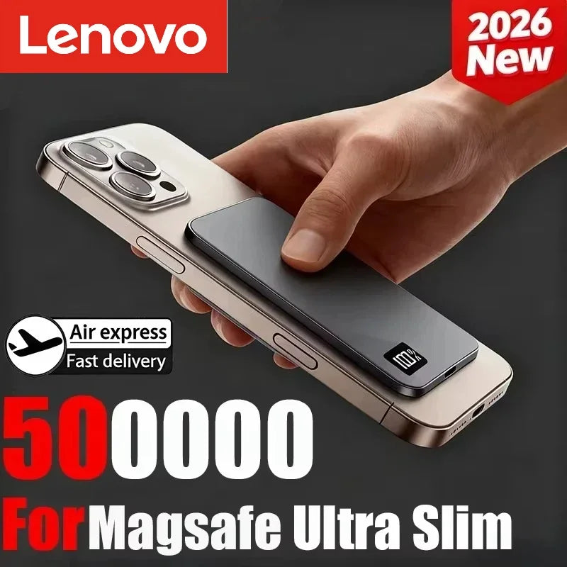 Lenovo Ultra-thin 500000mAh Mobile Power Bank For iPhone Xiaomi For MagSafe Magnetic Wireless Fast Charge Portable LED Display