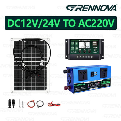 Off-Grid Solar Kit 50W Panel 60A  Controller Dual Voltage Inverter (Peak 1400W Rated 700W) 12/24V To 110V 220V Small Appliances