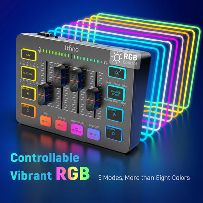 FIFINE Gaming Audio Mixer,Streaming 4-Channel RGB Mixer with XLR Microphone Interface,for Game Voice,Podcast,AmpliGame SC3