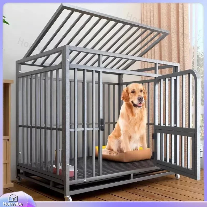 Heavy Duty Square Tube Dog Cage for Medium Large Dogs Indoor Metal Kennel with Toilet Tray Foldable Iron Pet Crate Furniture