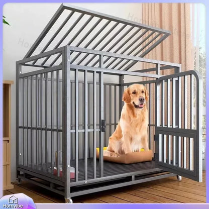 Heavy Duty Square Tube Dog Cage for Medium Large Dogs Indoor Metal Kennel with Toilet Tray Foldable Iron Pet Crate Furniture