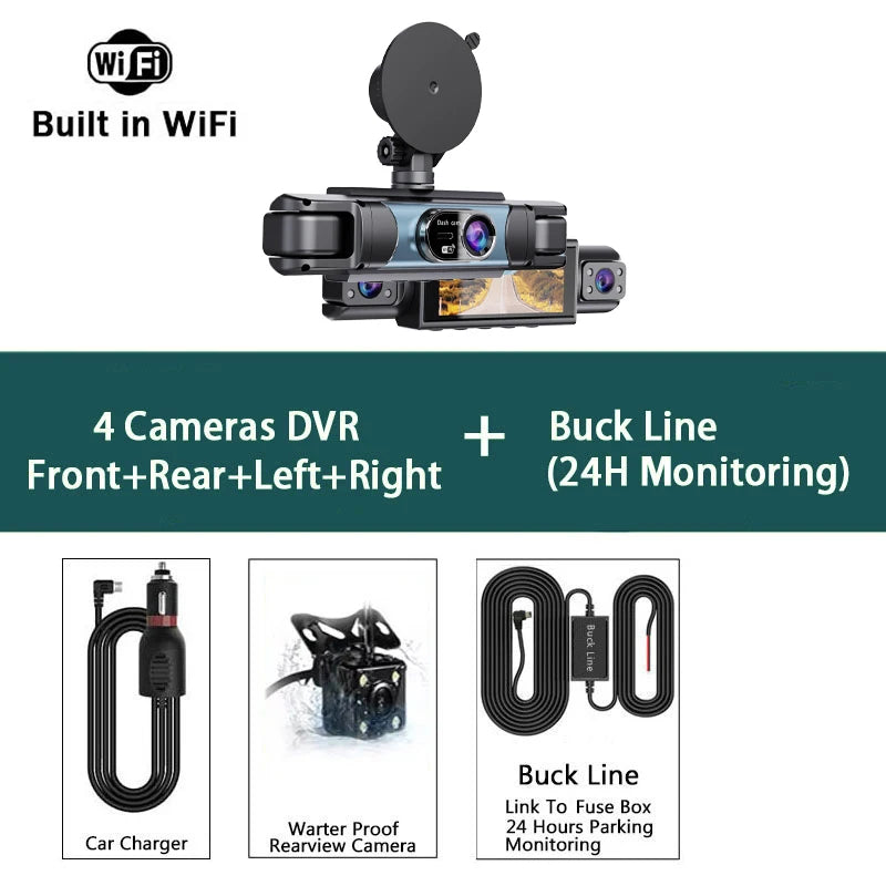 WIFI 4-Channel Car DVR Dash Cam With 4 Cameras Full HD 1080P Video Recorder Night Vision Black Box Cabin Camera 24H Parking