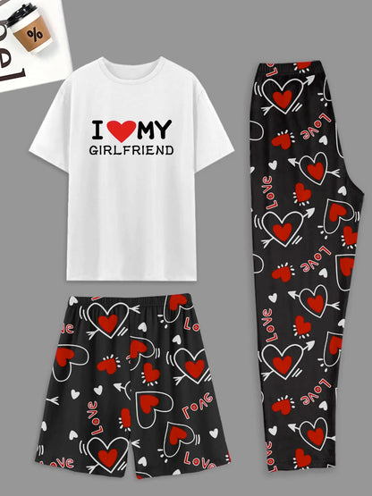 Men's pajama set of 3 pieces, heart-shaped printed shorts, pants and a top print of "I Like My Girlfriend"