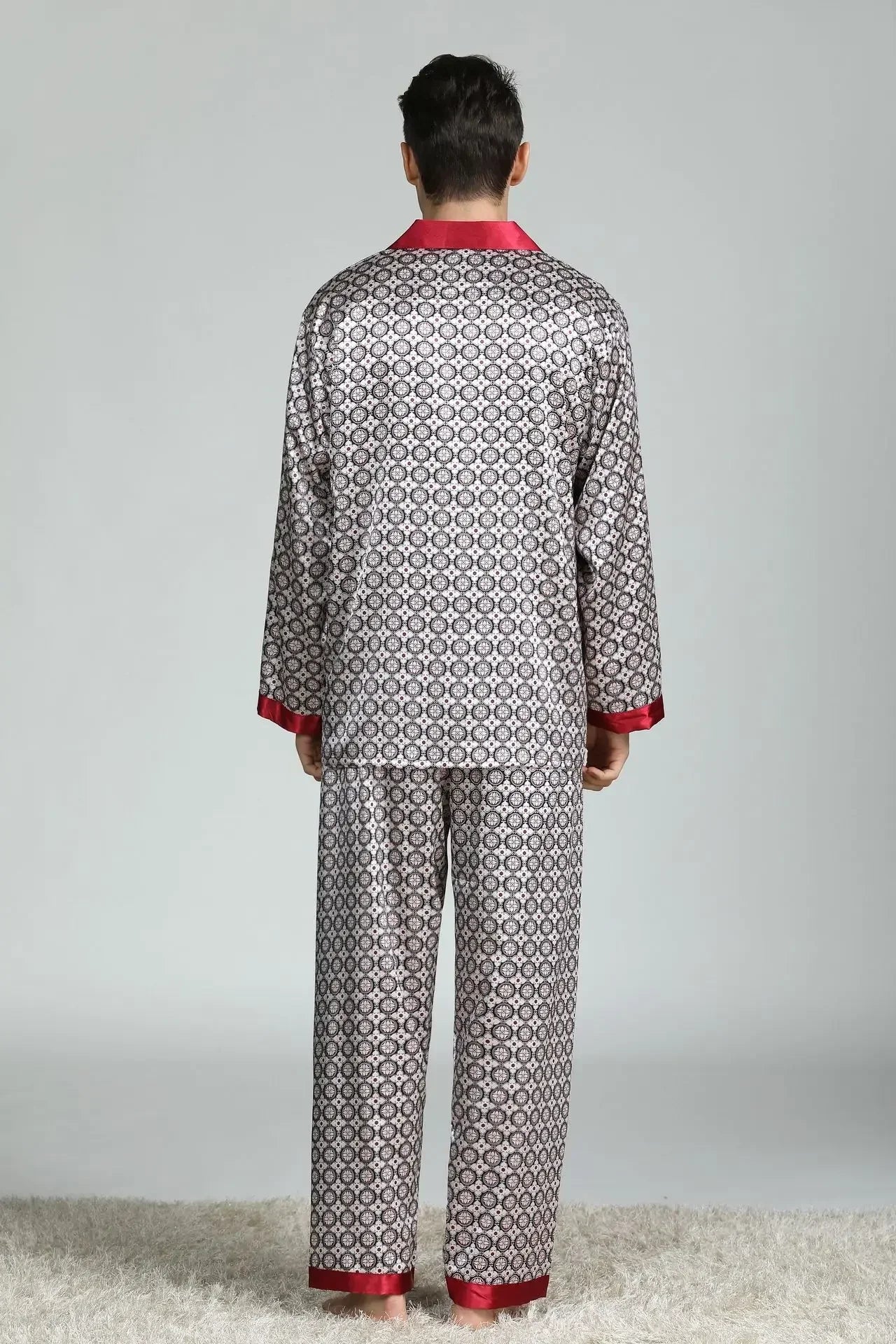 Herr Silk Satin Pyjamas 2-delad – Långärmad Topp & Byxor Tryckt Mönster, Svart/Röd/Marinblå