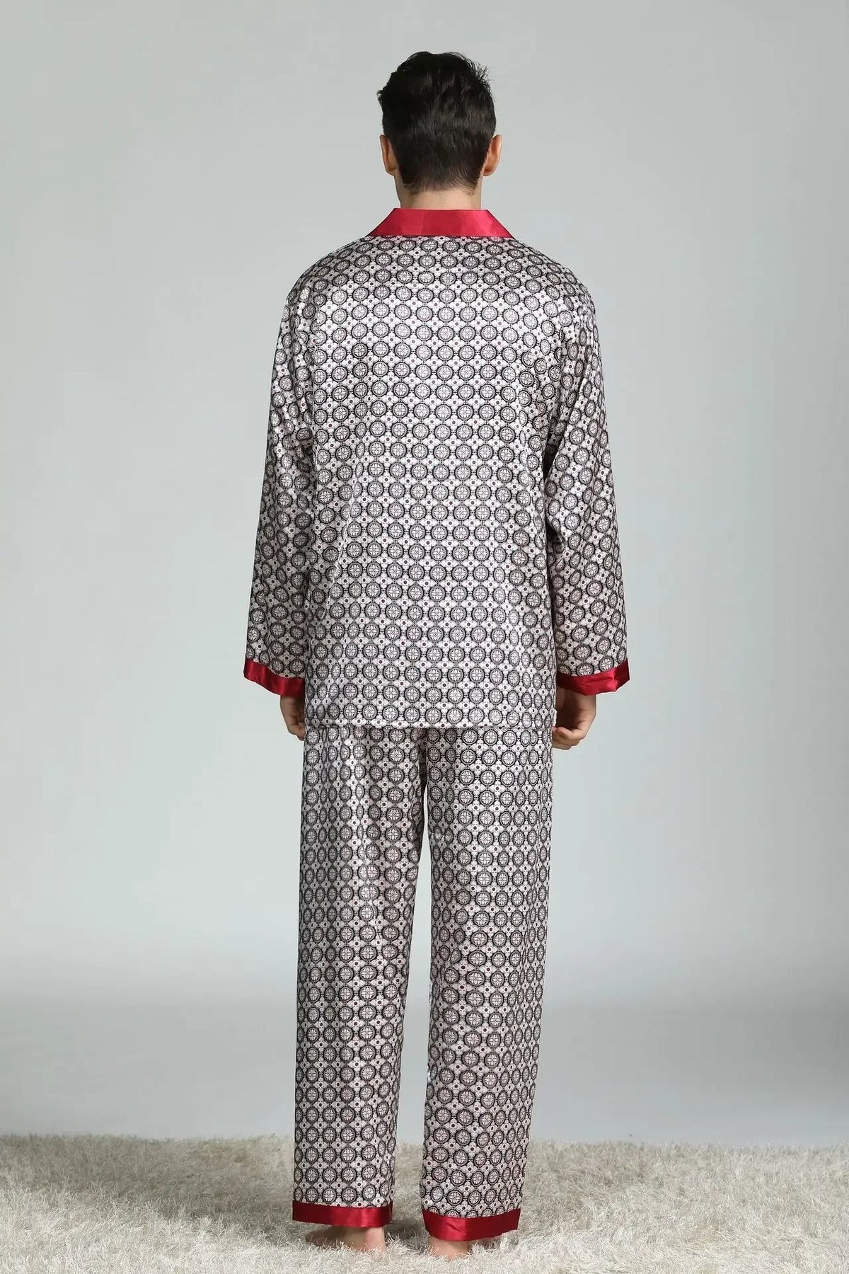 Pyjamasset herr med satinkänsla – långärmad överdel och långbyxor, L–3XL