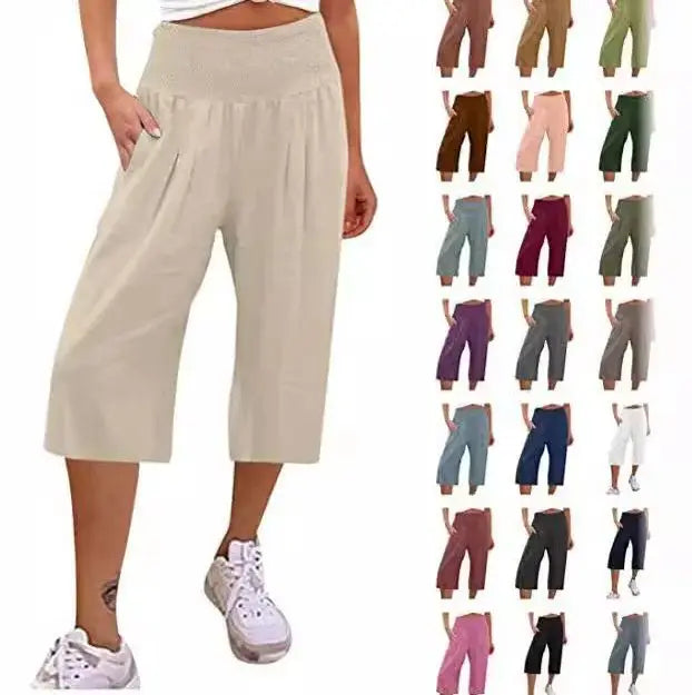 Summer 2024 Amazon Eurn women's cross-border cotton hemp seven waist pocket pocket pocket pocket wide leg pants woman
