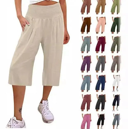 Summer 2024 Amazon Eurn women's cross-border cotton hemp seven waist pocket pocket pocket pocket wide leg pants woman