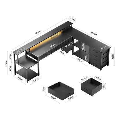 Desk, square table with drawers, sockets and USB ports, monitor stand and LED lighting included, black.