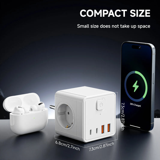 7-i-1 Fyrkantig Grenuttag – 3 AC-uttag 2 USB-A 2 USB-C Huvudströmbrytare EU-kontakt 2500W Hem Kontor Resor Vit Svart