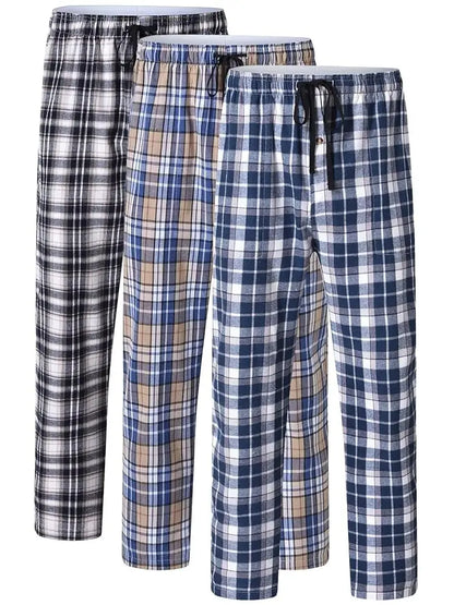 Men's 3Pcs Pajama Sleeping Pants Cotton Plaid Pjs, Long Plaid Print Sleepwear Pajama Pants with Elastic Waist Homewear