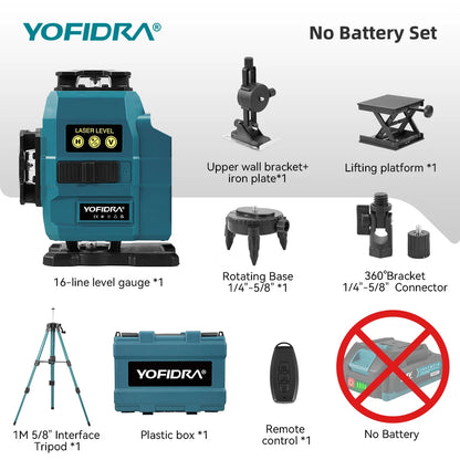 YOFIDRA 4D 16 Lines Laser Level Self-Leveling 360° Horizontal Vertical Leveling Tools With 1M Tripod For Makita 21V Battery Pin