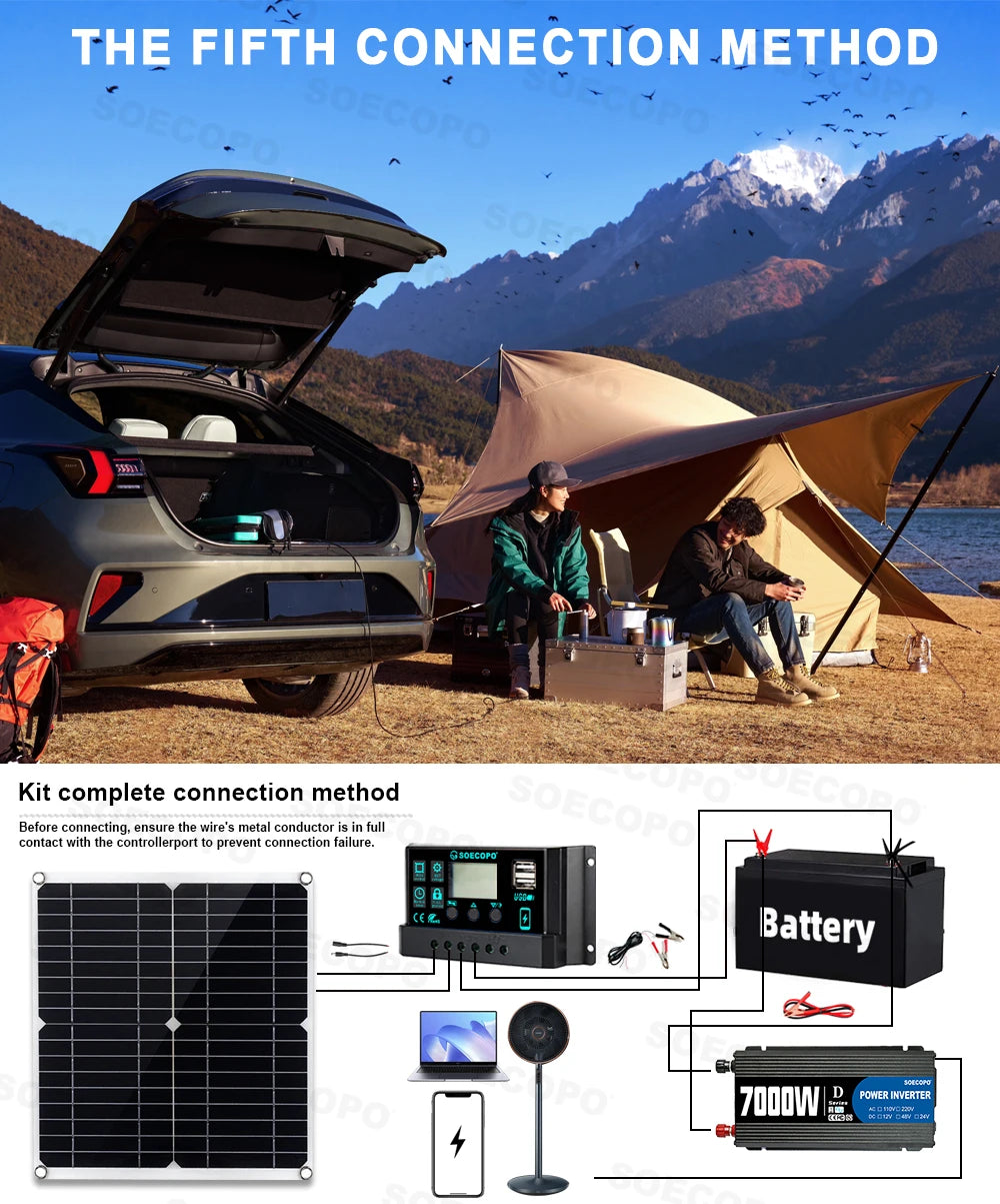SOECOPO Komplett Off-Grid Solcellskit 7000W Peak – Flexibel Panel + 750W Inverter + LCD-regulator 12V till 220V, EU-lager Polen