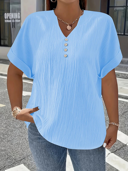 Dam Plus Size Krinklad Blus – Kortarm Knappdetalj Avslappnad Casual Året Runt, 10 Färger 1XL–5XL