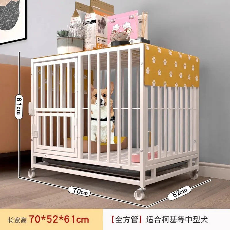 Heavy Duty Square Tube Dog Cage for Medium Large Dogs Indoor Metal Kennel with Toilet Tray Foldable Iron Pet Crate Furniture