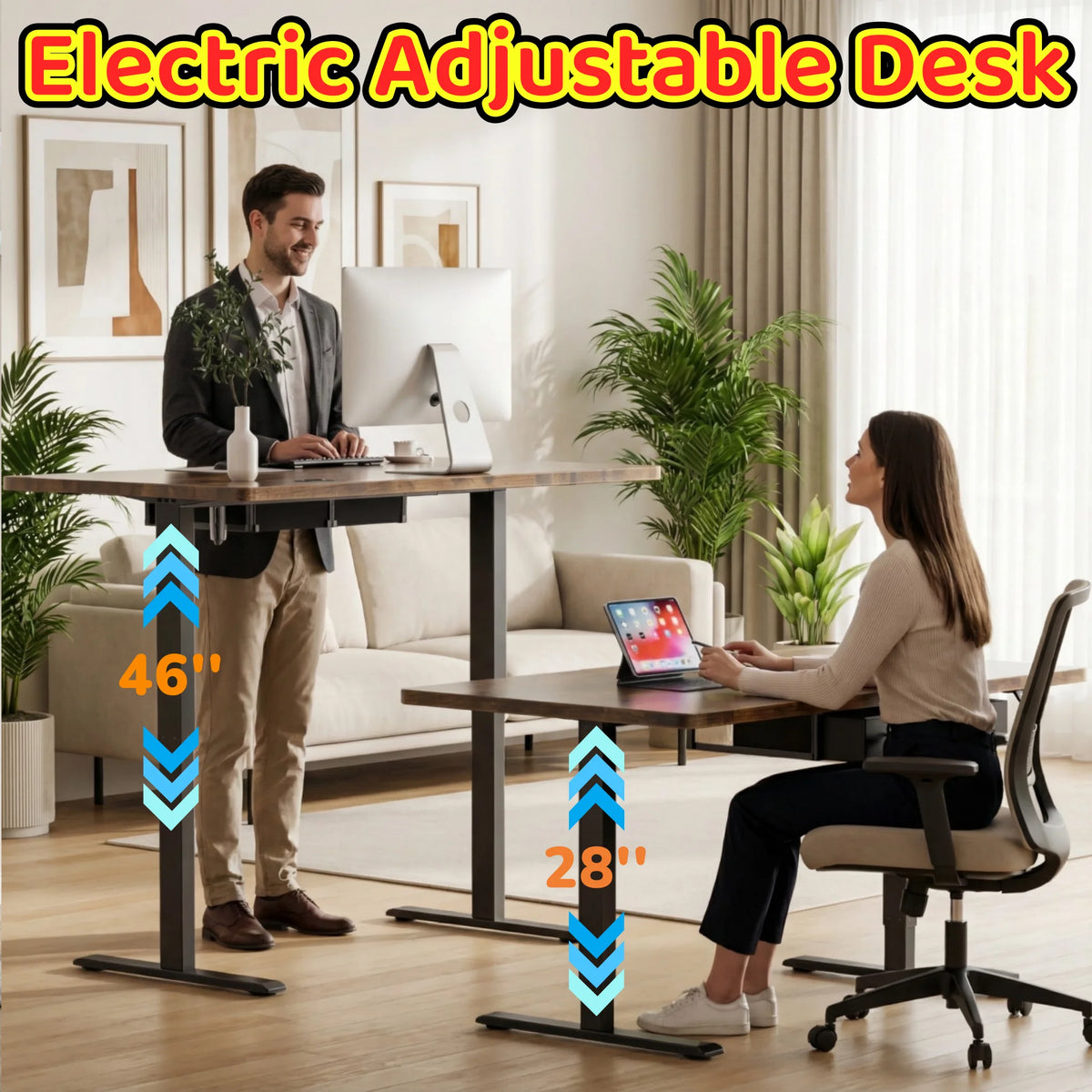 120/140/160/180cm Electric Height Adjustable Desk, Heavy-Duty Large Sit-Stand Table, Gaming Desk with Power Outlet & Drawer