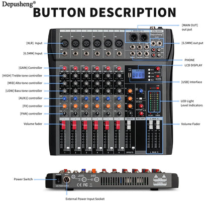 6/8/12/16 Channel Depusheng Audio Mixer Professional  Sound Board DJ Mixing Console System Interface USB MP3 Input Bluetooth 48V