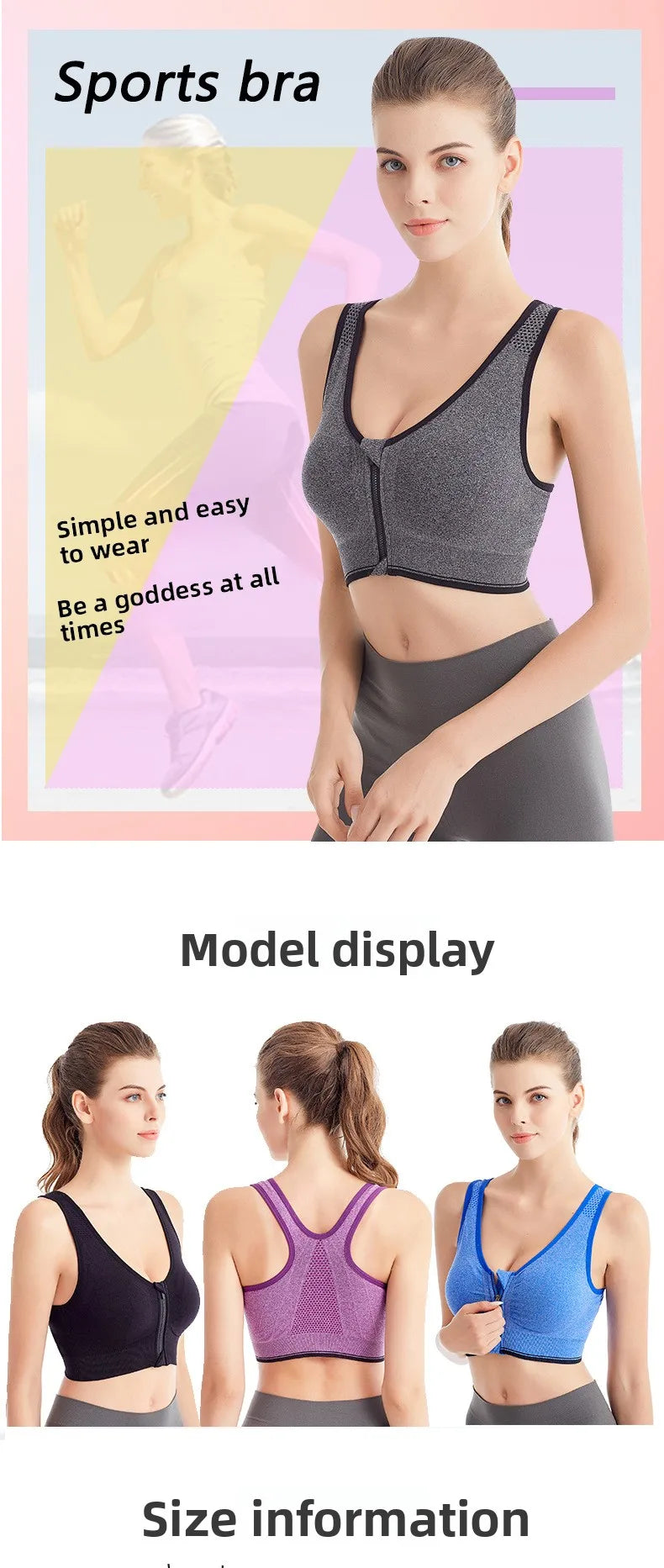 Front Zip Sports Bra High Impact Support Breathable Wire Free Running Yoga Top for Women