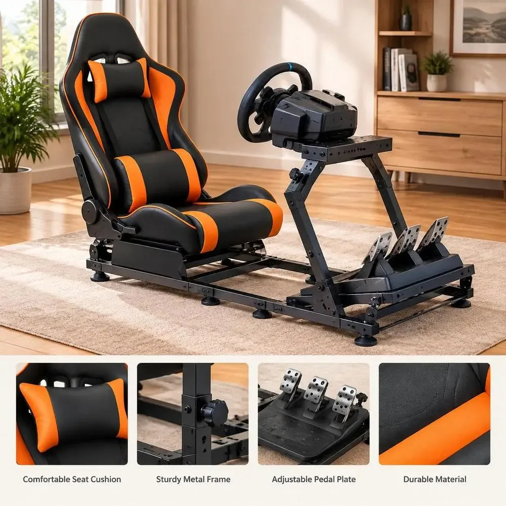 Racing Simulator Cockpit 1420 X 615 X 1030 Mm, Matte Black Carbon Steel Frame, PVC Seat, Foldable Dual Arm for Gaming
