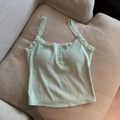 Dam Coquette Y2K Spets Crop Top – Ärmlös Koreansk Stil Sommar Linne Sexig Kawaii, 10 Färger One Size