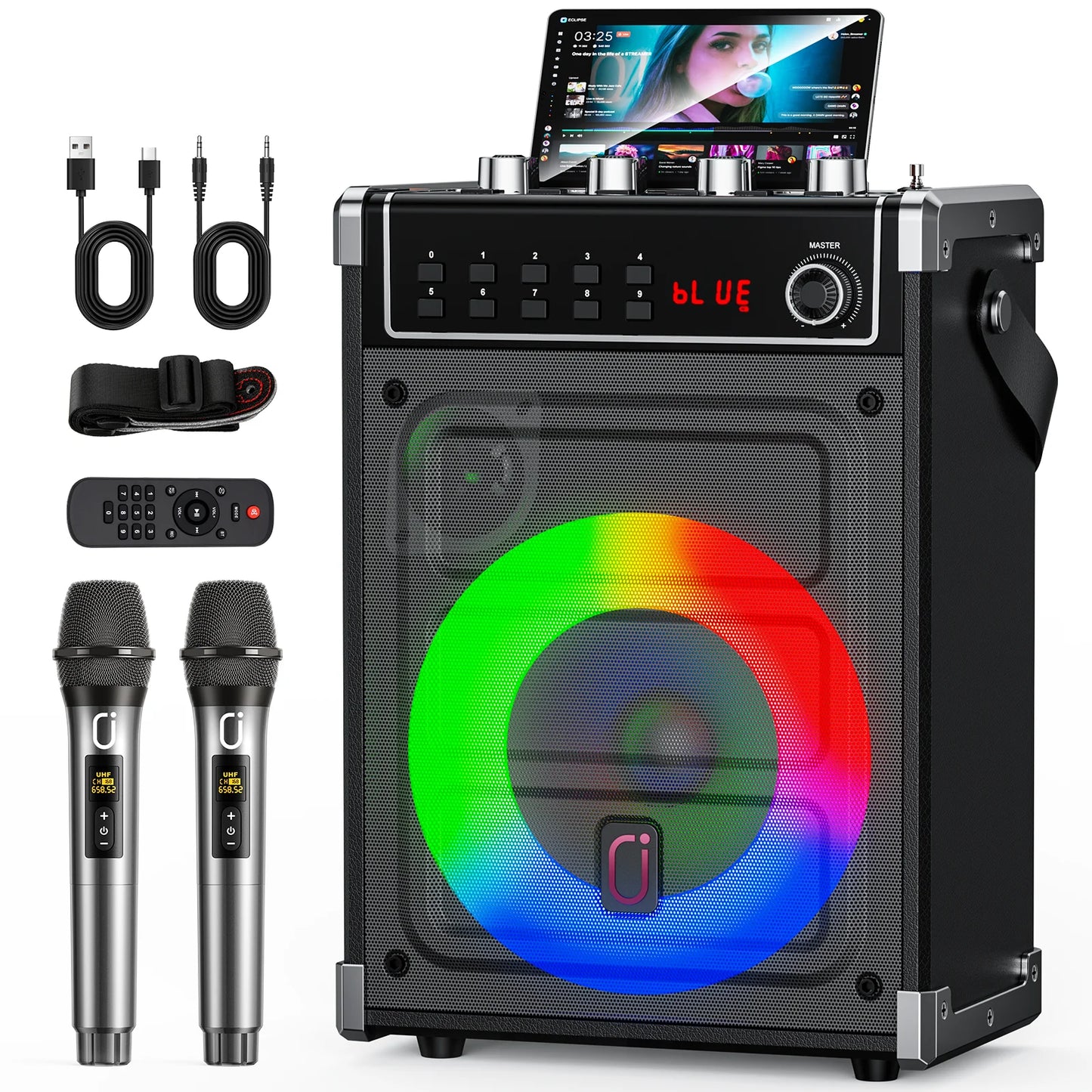 69-black Karaoke Machine with 2 UHF Wireless Microphones, Bluetooth Speaker with Bass/Treble Adjustment and LED Light, PA System