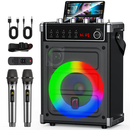 69-black Karaoke Machine with 2 UHF Wireless Microphones, Bluetooth Speaker with Bass/Treble Adjustment and LED Light, PA System