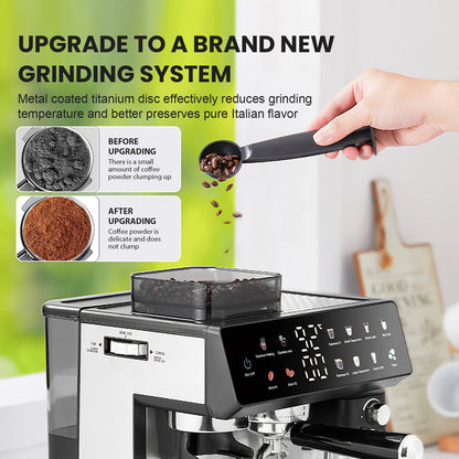 All-in-One Espresso Machine with Titanium Grinder, TFT Touchscreen, Pre-Infusion & Auto Milk Frother, Hot & Cold Brew, 8 Presets, Black/Silver