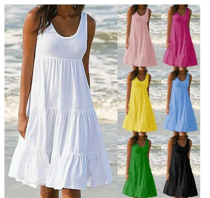 Plus Size Women Causual O Neck Sleeveless Ruffles Mini Dress Boho Solid Beach Sundress Oversized Loose Dress 2025 Summer