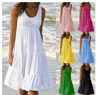 Plus Size Women Causual O Neck Sleeveless Ruffles Mini Dress Boho Solid Beach Sundress Oversized Loose Dress 2025 Summer