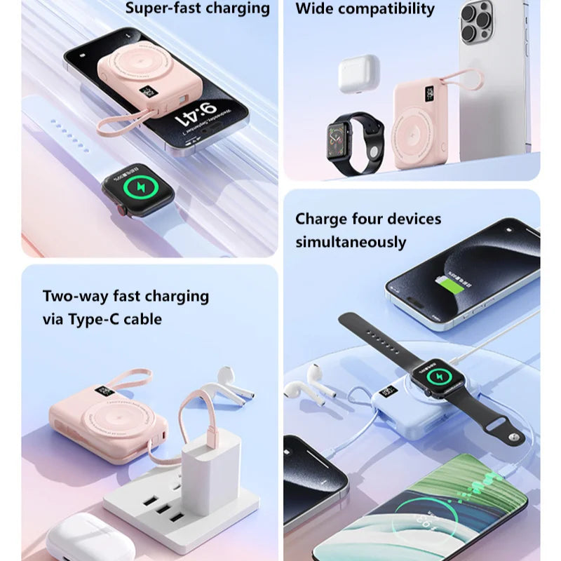 Lenovo 50000mAh Magnetic Power Bank Fast Charging Built-in Cable For Apple Watch Mobile Phone Wireless Compact Mobile Power Bank