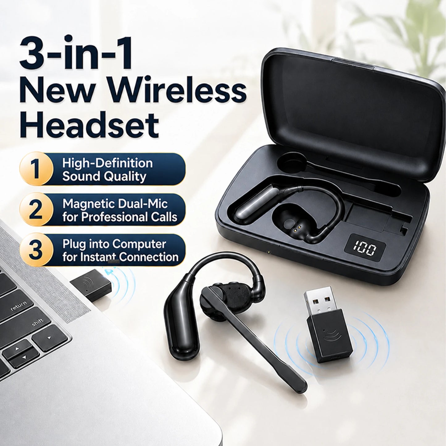 Wireless Earpiece with USB Dongle Noise Cancelling Earpiece Sport Open Ear Single Ear BT Headset for Driver Office