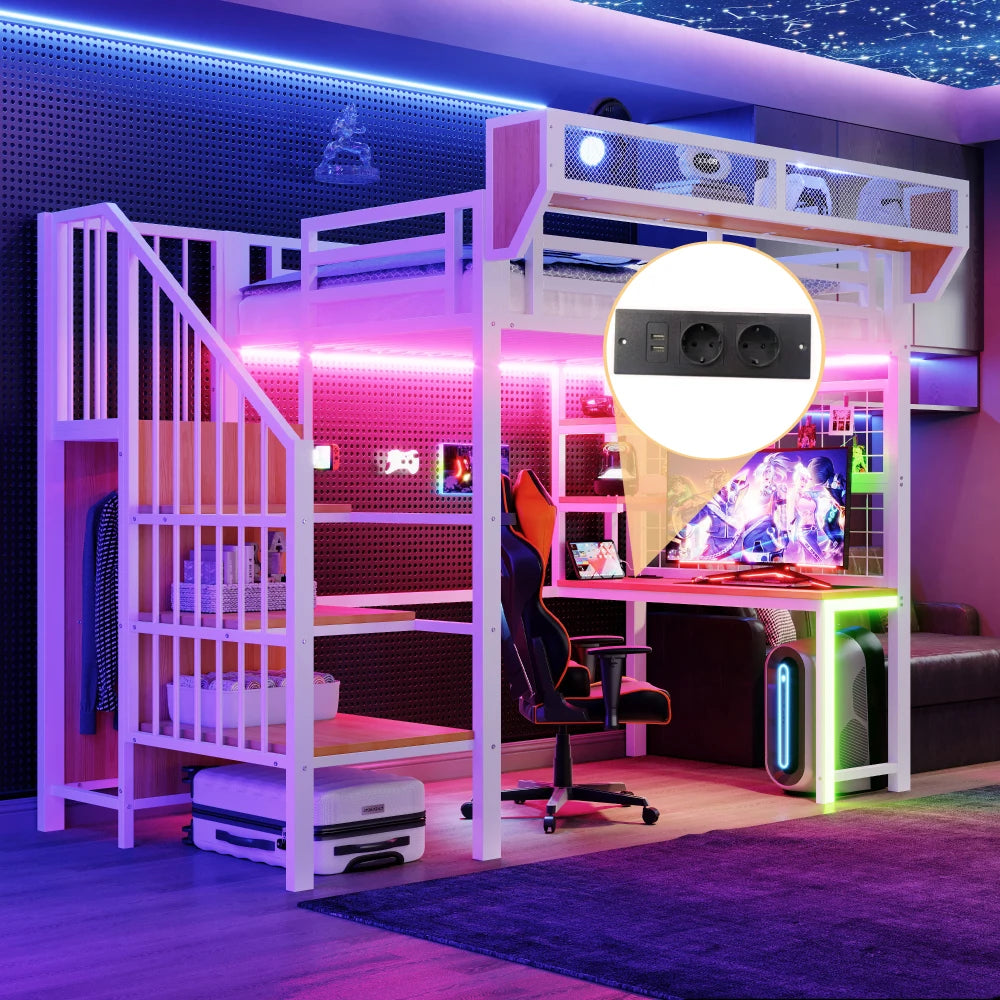 90×200cm & 140*200cm Metal High Bed, with Desk, Shelf and Storage Net, Complete with Safety Ladder, LED Lighting and Socket
