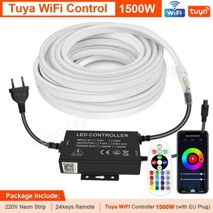 220 V RGB LED-neonlist IP65 med fjärrkontroll, Bluetooth eller Tuya WiFi, 1–100 m