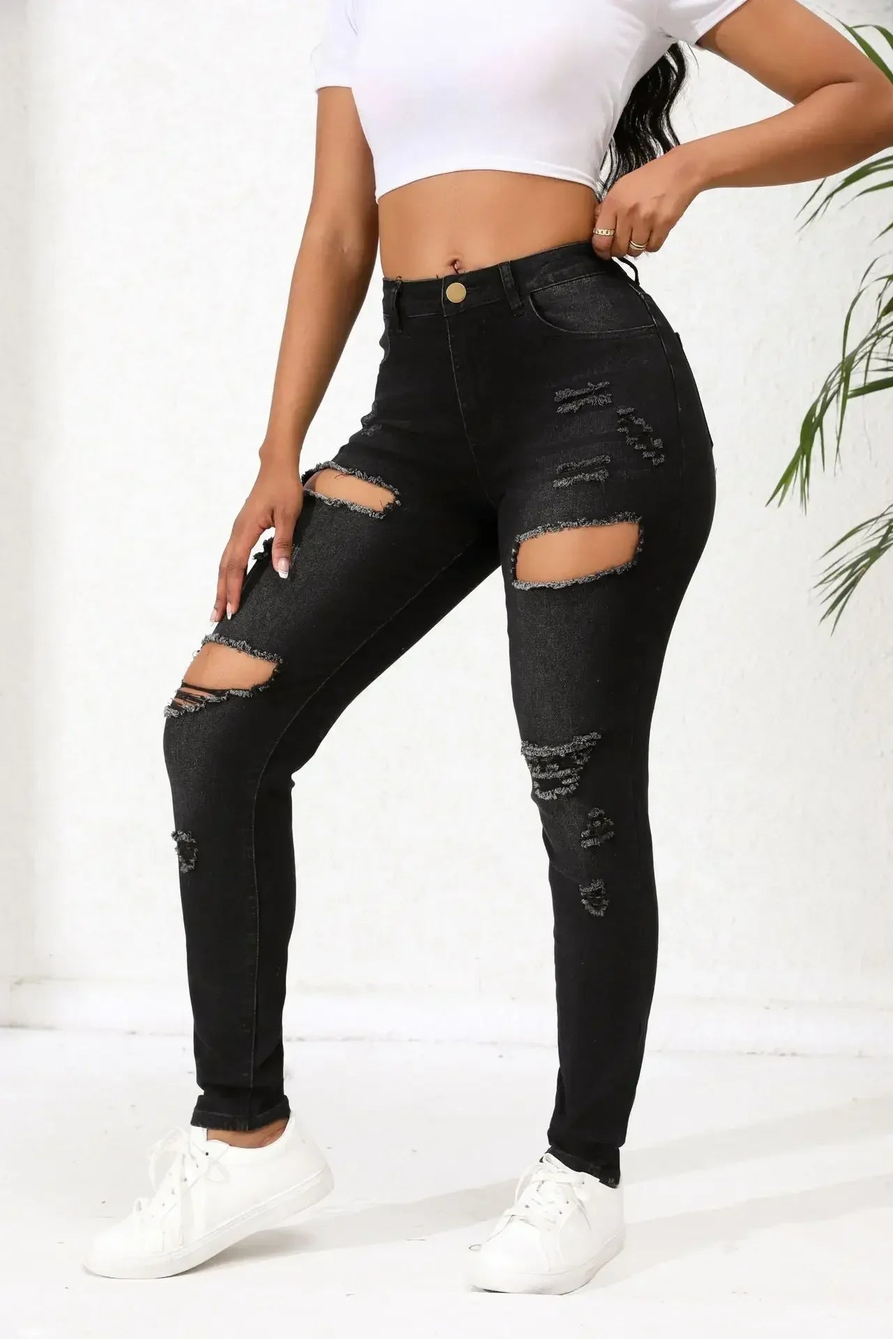Women Jeans Denim Pockets Holes Pencil Pants High Waist Sexy Skinny Streetwear Solid Ankle Length Spliced Distressed Washing