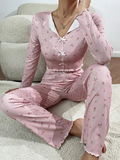 Dam Pyjamas 2-delat Set Höst & Vinter – Blommigt Tryck, Långärmad Loungewear