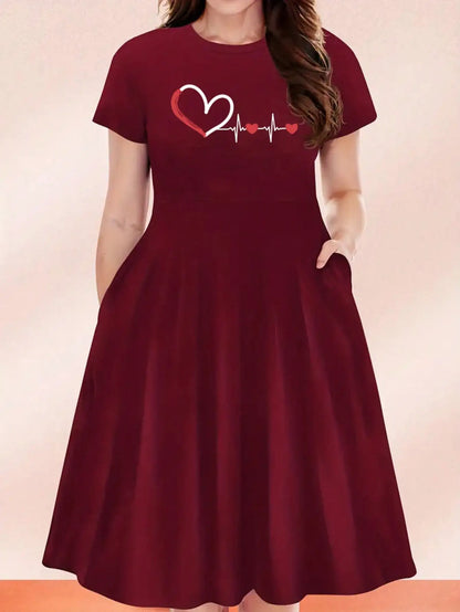 2026 Women's Four Seasons Love at First Sight Heartbeat Printed Casual Loose Black Short Sleeved Large Short Skirt Dress