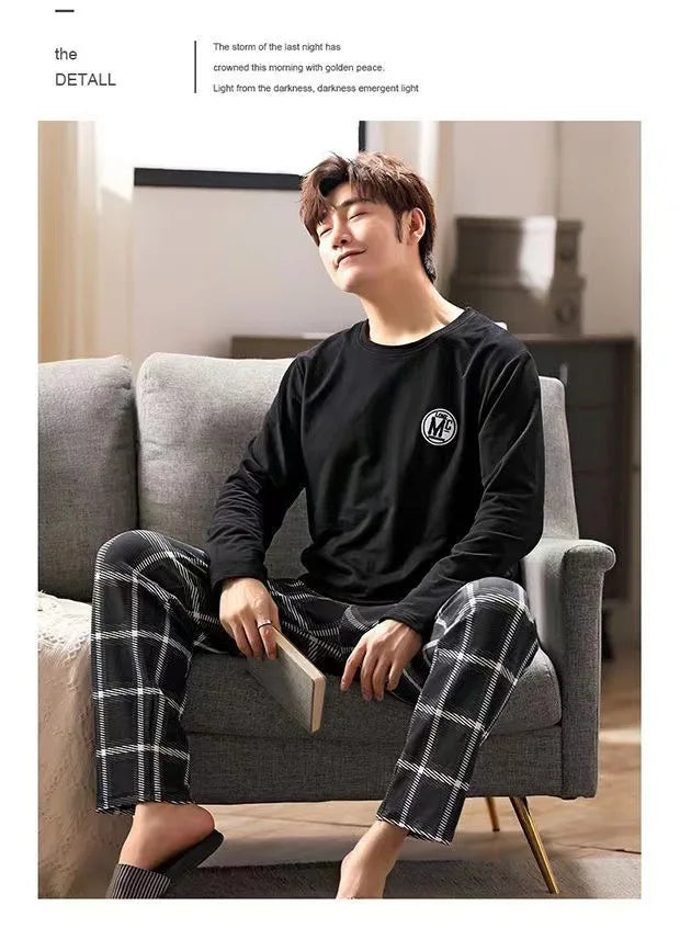 Herr Pyjamas Set Vår & Höst – Långärmad Randig Mjuk Koreansk Stil, 6 Färger M–XXL