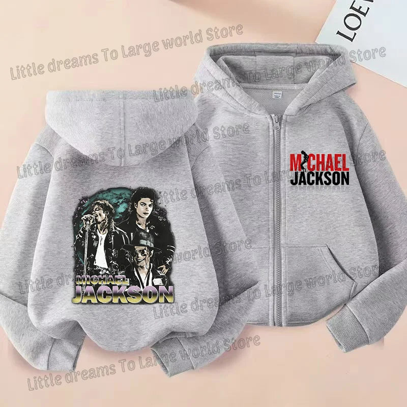 Michael Jackson Thin Long Sleeve Zipper Jacket Boys Hooded Clothes Autumn Spring Singer MJ Zip Up Streetwear with Pocket Tops