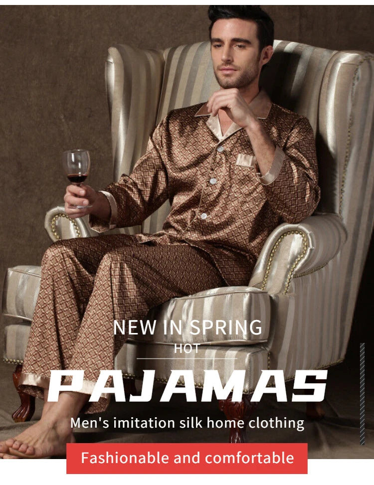 Mens Stain Silk Pajama Sets Pajamas Men Sleepwear Printed Silk Nightgown Home Male Satin Soft Cozy Sleeping Pajamas