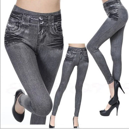 Dam Denim-print Leggings – Slim Faux Jeans Stretch Hög Midja Ankellång Casual Kontor, 3 Färger S–3XL