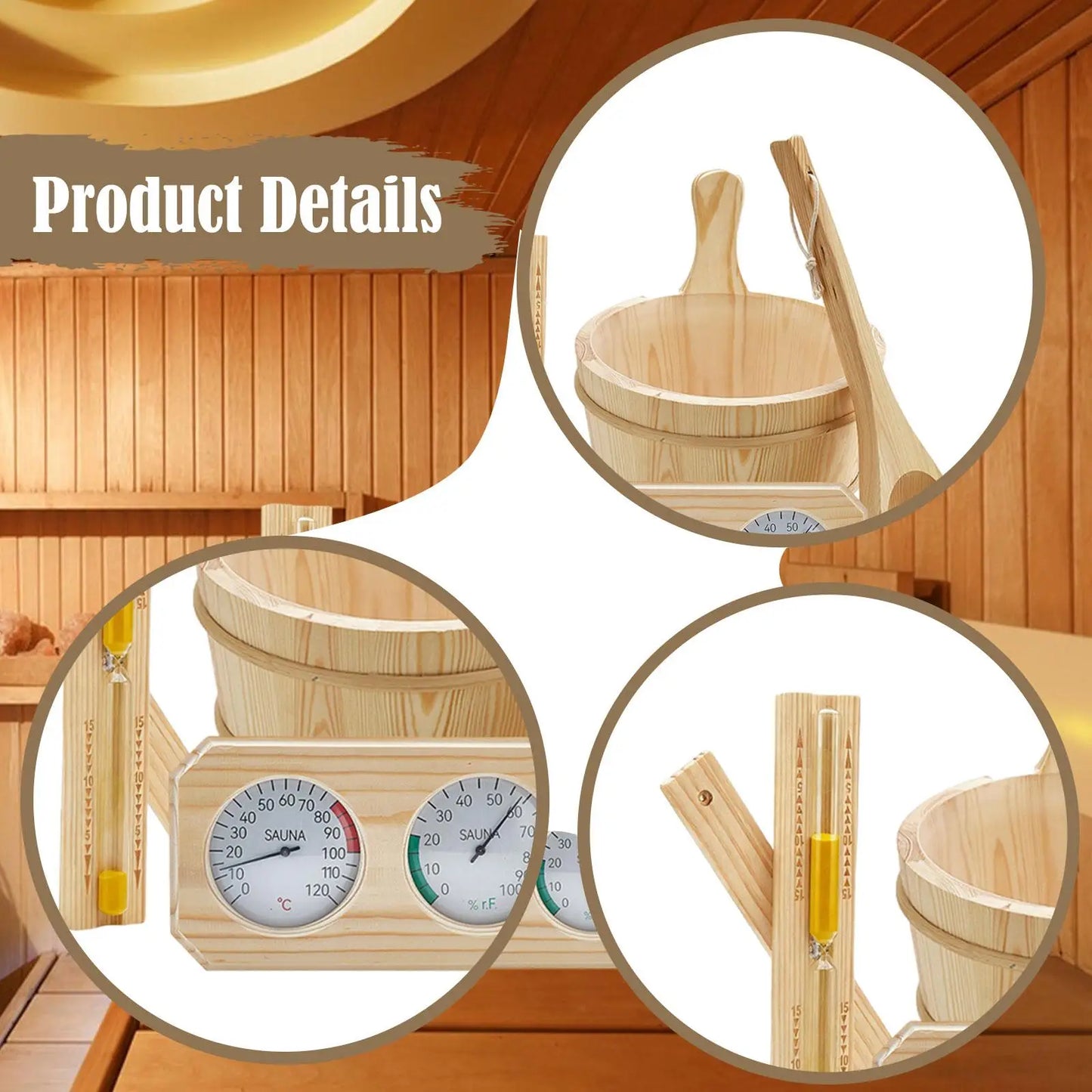 Sauna Accessories Set 4L Bucket Ladle Hourglass Sand Timer for Bathroom SPA Bathtub