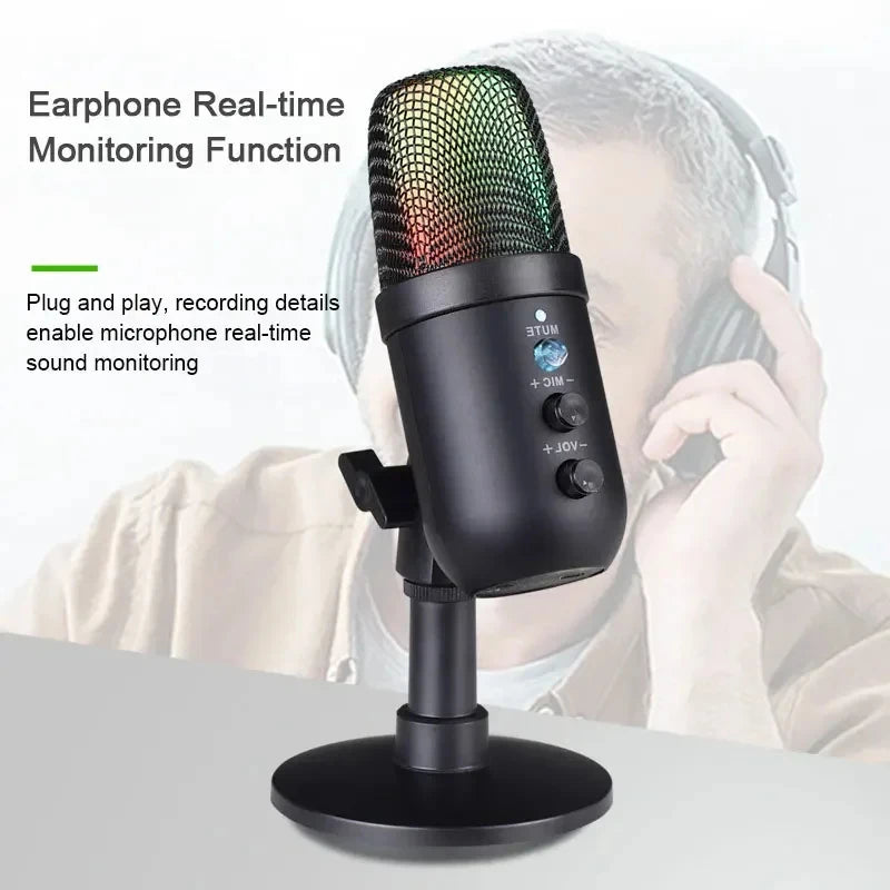 USB Gaming Microphone for PC Condenser Podcast Mic for Studio Recording Headphone Jack RGB Noise Cancellation with Mute Button