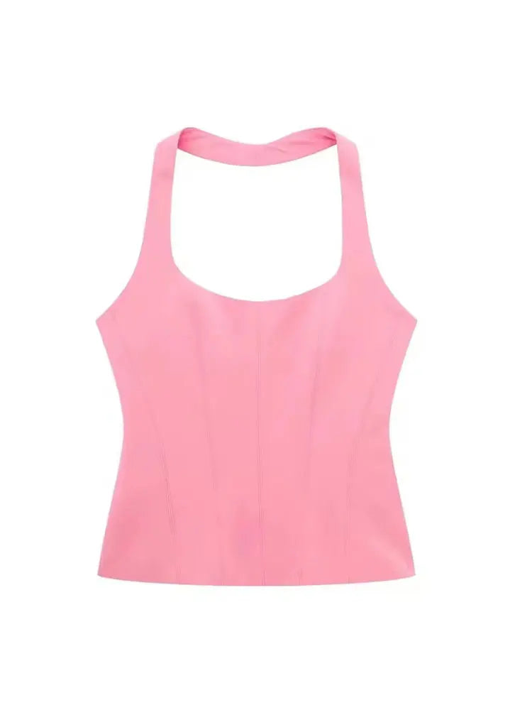 Dam Halterneck Crop Top – Fyrkantig Ringning, Slim Fit Backless Y2K Sommar, 3 Färger